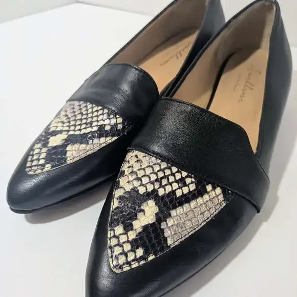 Avellini Black Leather Slip-on Pointed Toe Snake Print Loafers 859P Size 39