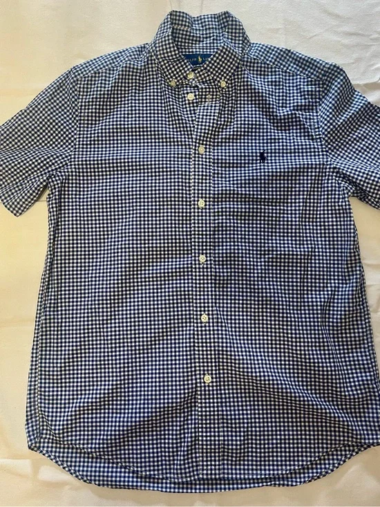Ralph Lauren Boys Gingham Short Sleeve Button Down Shirt Size XL (18/20) Kit Nav
