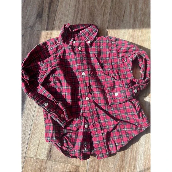 Ralph Lauren Button Down Shirt 2T Red Plaid Long Sleeve Cotton Pony Christmas