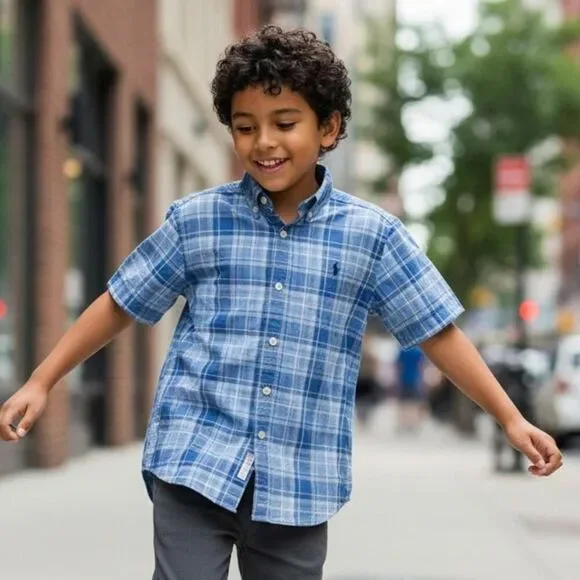 Stylish RALPH LAUREN Boys Blue Plaid Short Sleeve Dress Shirt - Size: Small/8
