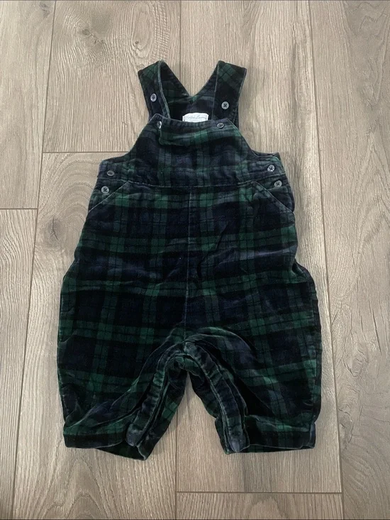 Ralph Lauren Baby Green & Black Plaid Velvet Overalls Sz:6-9M