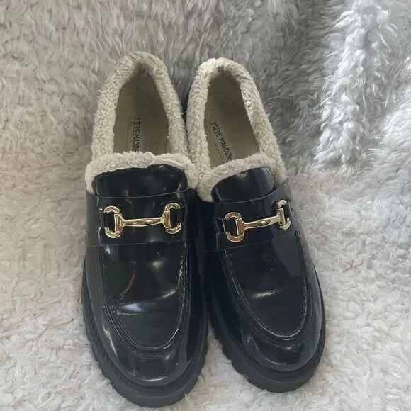 Steve Madden synthetic black Patent Chunky lug loafers bit buckle accent SZ11M