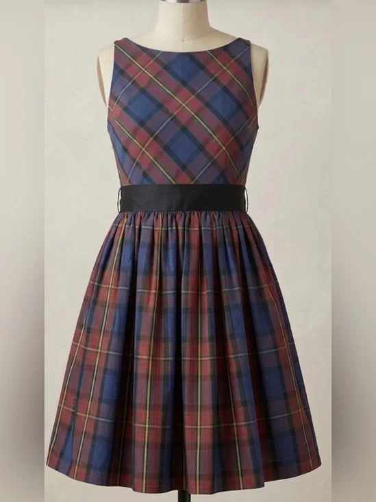 Ralph Lauren Navy and Burgundy Plaid Fit-and-Flare fancy tartan Dress luxury 14