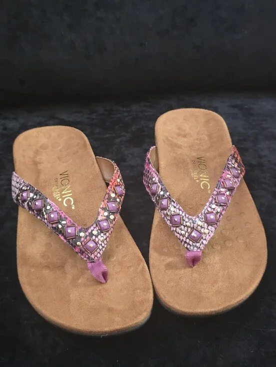 Vionic Orthaheel Pink Python Print Embellished Thong Sandals