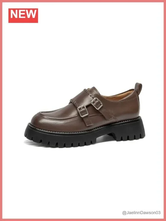 Genuine Leather Platform Monk Strap Loafers Woven Women's Shoes