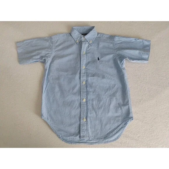 Vtg Ralph Lauren Boys Blue Gingham Shirt Short Sleeve Button Down Sz 4/5 Preppy