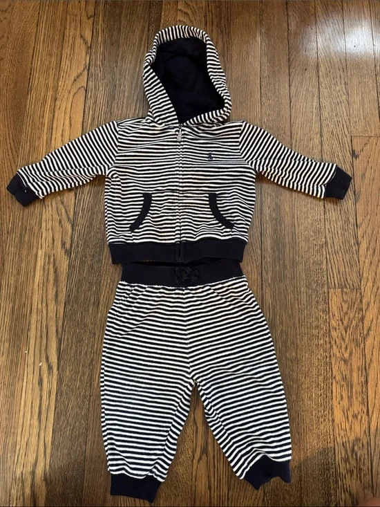 Ralph Lauren Navy & White Striped velour Hoodie and Joggers Set- 9 months