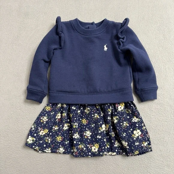 Ralph‎ Lauren Baby Dress 9 Mo Blue Floral Skirt Sweatshirt Ruffle Pony Logo