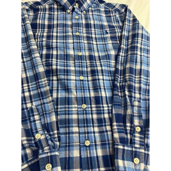 Ralph Lauren Button Down Shirt Boys Large 14-16 Blue Excellent Plaid Classic A56