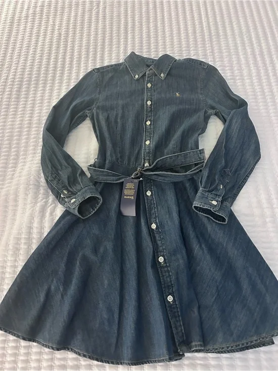 Ralph Lauren Blue Denim Dress with Gold Logo Label. Size 12. NWT