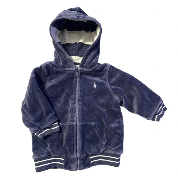 Ralph Lauren Baby Velour Hoodie Jacket‎ Blue 9M Zip Up Cozy Classic Pony Logo