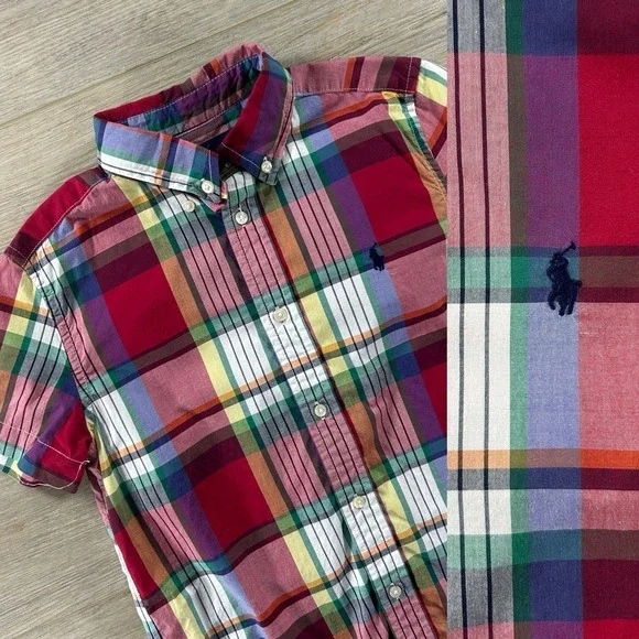 Ralph Lauren Polo Boys 7 Madras Plaid Short‎ Sleeve Button Shirt Natural Stretch