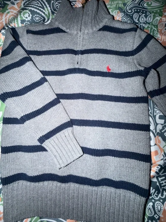 Ralph Lauren Kids Gray and Navy Striped Zip-Neck Sweater with classic Red Logo