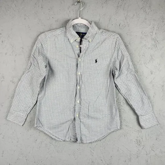 Ralph Lauren Shirt Youth Medium 10-12 Blue White Plaid Button Down Long Sleeve
