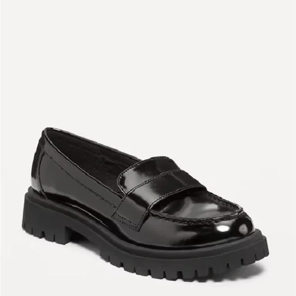 Kid’s Black Patent Lug Sole Penny Loafers Size 12