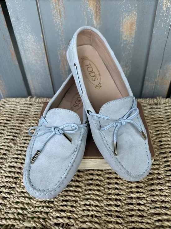 TOD'S Gommino Suede Bow Driving Loafer Light Blue Sz 38.5