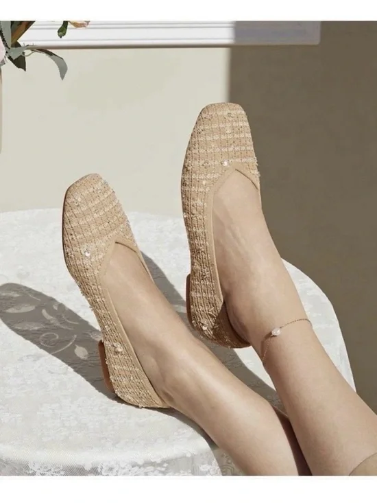 Vivaia Margot 2.0 Sequins Square Toe V-Front Flat Natural Linen Sz 41, 9.5 NWOB