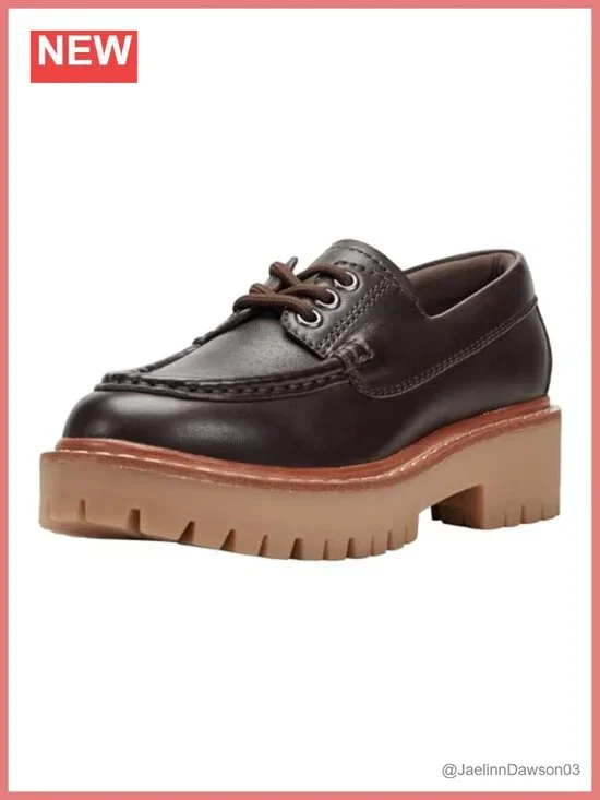 Leather Lace-Up Lug Sole Loafers Women's Casual Block Heel Shoes