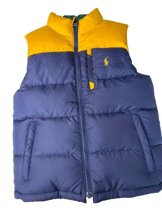 Ralph Lauren Childrens Reversible Puffer Vest Yellow/Navy Size 7 With Pockets