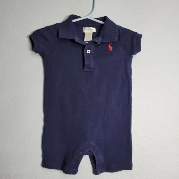 Ralph Lauren Baby Boy Romper Shortall Navy Blue Red Pony 9M Preppy Classic