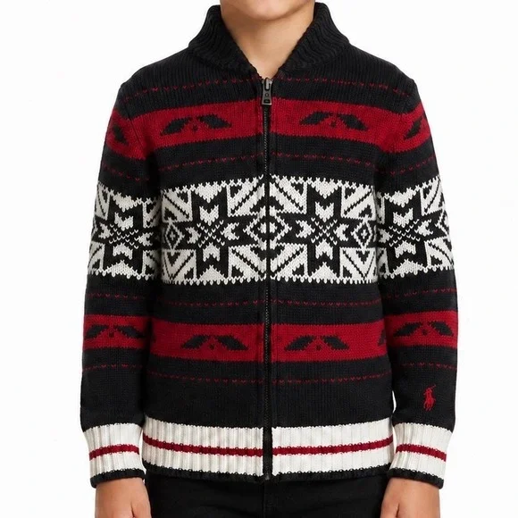 Polo Ralph Lauren Boys 8 Fair Isle Cotton Wool Full Zip Fish Sweater Nordic Ski