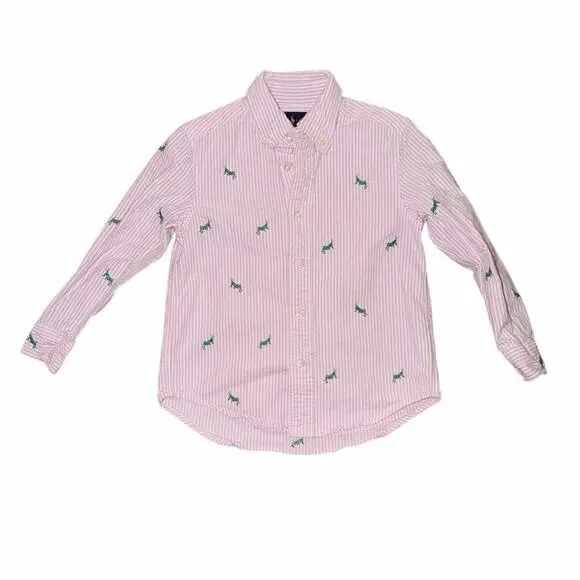 Ralph Lauren pink stripe button front long sleeve shirt embroider grasshoppers