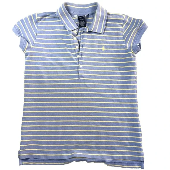 Ralph Lauren Polo Shirt Girls XL 16 Blue Yellow Striped Cotton Pony Preppy Y2K