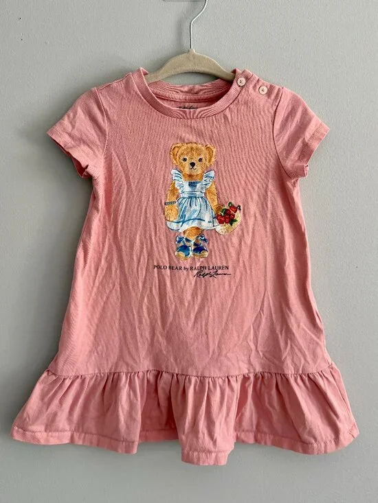 Ralph Lauren Polo Bear Pink Cotton Jersey Ruffle Dress Girls 12M