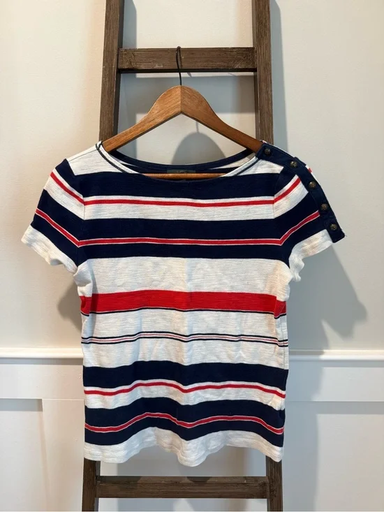 Ralph Lauren Navy, White & Red Striped Short Sleeve Tee with Shoulder Buttons