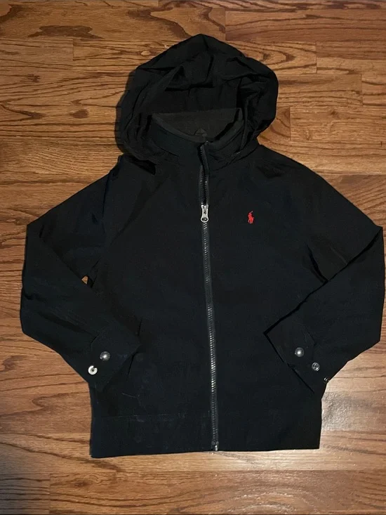 Ralph Lauren Black Hooded Zip-Up Jacket with Red Polo Logo