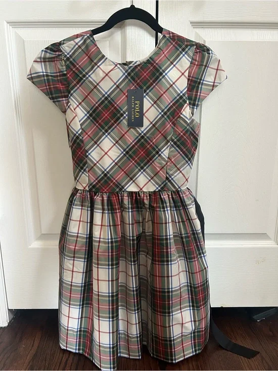 Ralph Lauren Girls Plaid Fit-and-Flare Dress in Red, Green & White