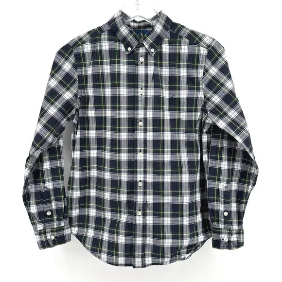 Ralph Lauren Button Down Shirt Boys Large 14-16 Navy Plaid Tartan Preppy Holiday