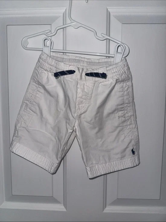 Ralph Lauren White Cotton Drawstring Kids Shorts with Navy Tie