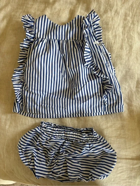 Ralph Lauren Navy and White Striped Ruffle Top & Bloomer Set