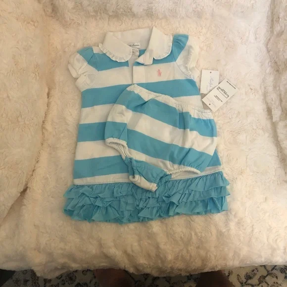 Ralph Lauren Blue and White Striped Ruffle Dress with Matching Bloomer