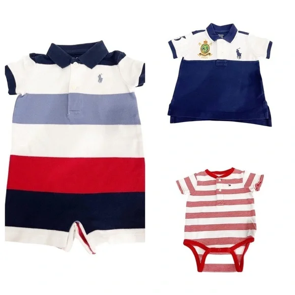 Ralph Lauren/Tommy Hilfiger infant rompers and polo shirt. RL romper 3 M/ 9M/12m
