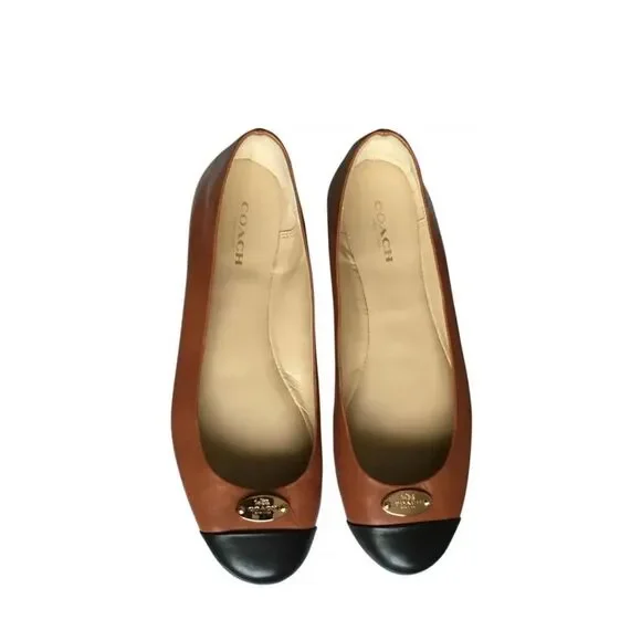 Coach 100% Leather New York Brown Black Tip Ballet Flats Slip On Shoes Women's 9