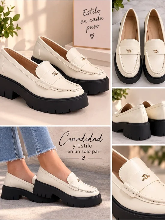 Coach Cream Leather Platform Loafers with Black Lug Sole