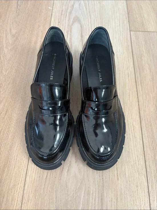 Sincerly Jules Black Patent Penny Loafers with Lug Sole
