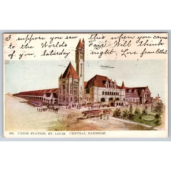 1906 St. Louis Union Station Postcard 1904 World's Fair H.R.R. Co. Litho