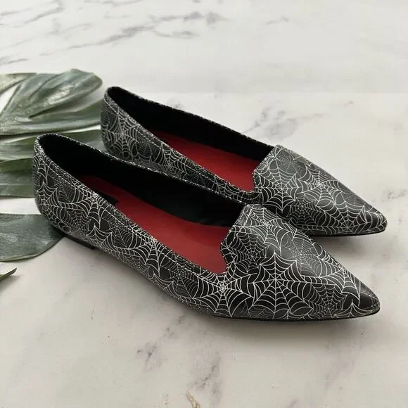 Strange Cult Womens Dagger Spider Web Loafer Flats Size 10 Black White Point Toe
