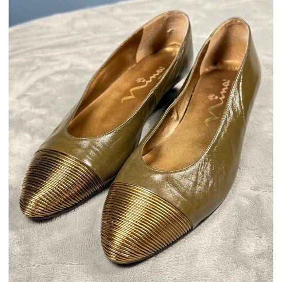 Nina Flats Womens 8.5 N Olive Green Gold Cap Toe Patent Leather Made in Spain