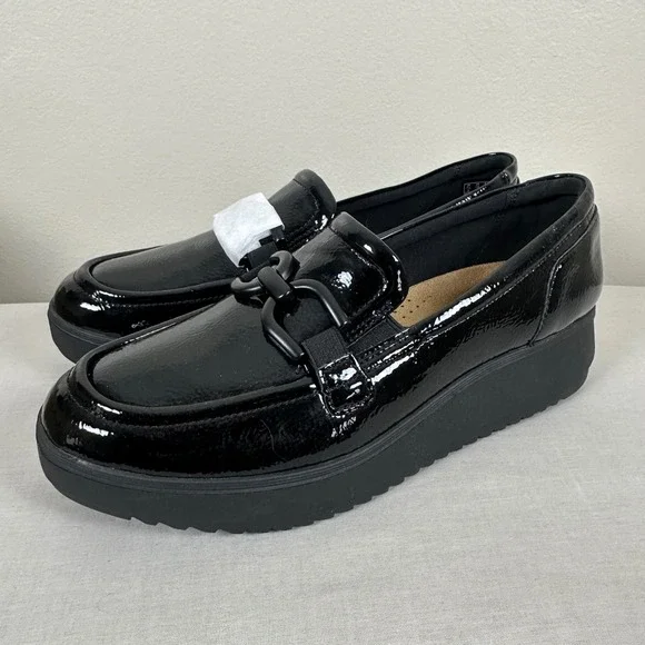 Clarks Women's 10 Zylah Top Loafer Black Crinkle Patent Platform Chain Wedge NEW