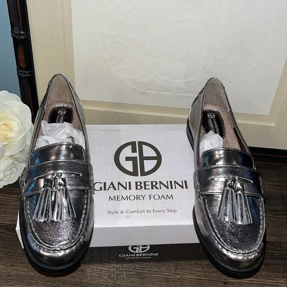 Giani Bernini Mauwe Memory Foam Dark Pewter Metallic Round Toe Loafers NIB sz 5