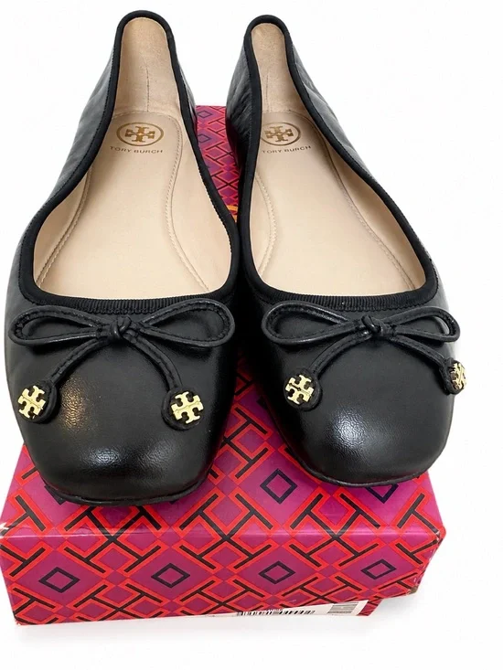 Tory Burch Laila Driver Ballet Flats Black Leather Gold Logo Size 8 New Box