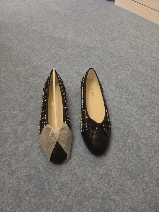 Black Tweed & Leather Cap-Toe Ballet Flats