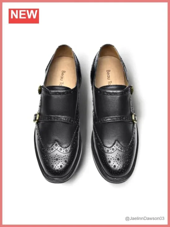 Women's Genuine Leather Monk Strap Loafers Brogues Wingtip Buckle Shoes