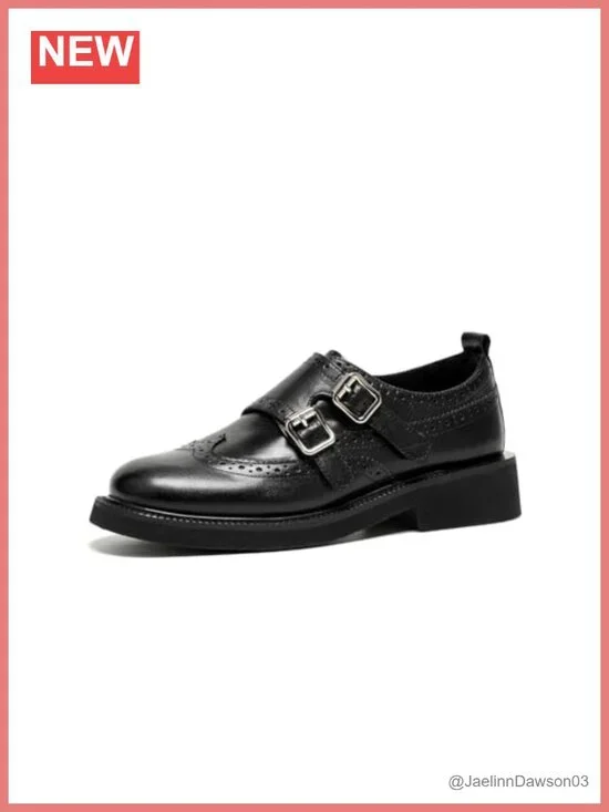 Women's Leather Monk Strap Loafers Wingtip Business Casual Shoes