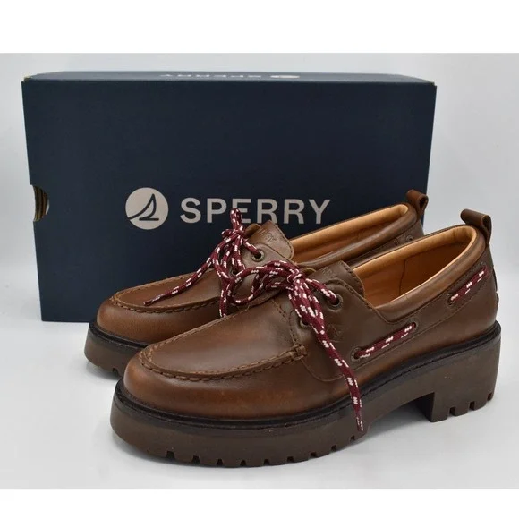Sperry 2 Eye Women Size 8.5 Brown Leather Lug Slip On Boat Shoes Coquette Preppy