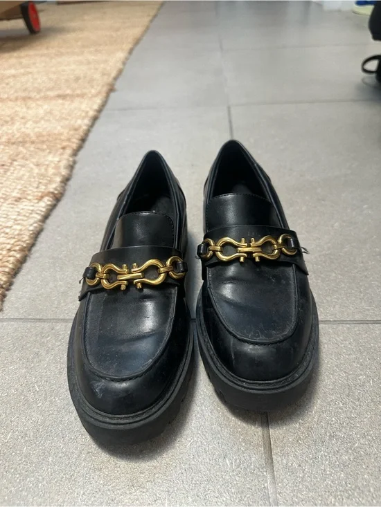Black Leather Women's Loafers with Gold Chain Detail
